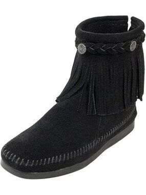 Minnetonka Black Suede Fringe Moccasin Ankle Boots Women’s Size 10 Back Zipper